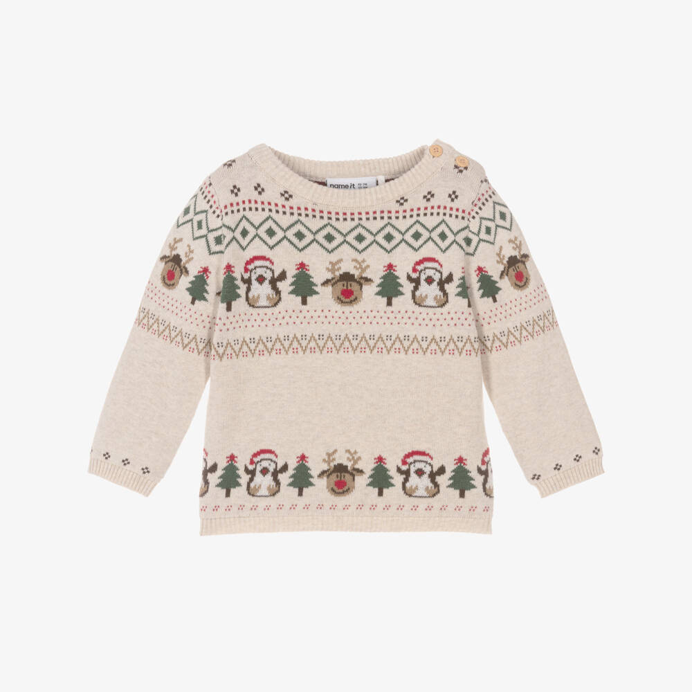 NAME IT-Beige Organic Cotton Christmas Fair Isle Baby Sweater | Childrensalon Outlet