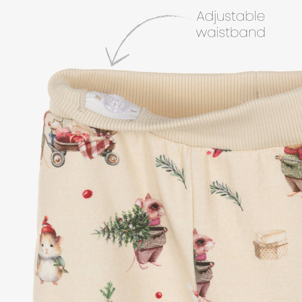 NAME IT-Beige Organic Cotton Festive Mouse Print Baby Joggers | Childrensalon Outlet
