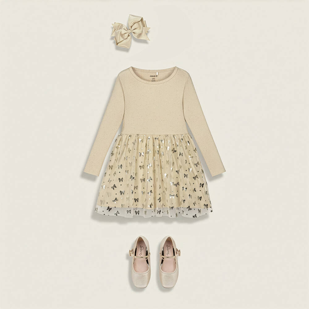 NAME IT-Beige Rib And Tulle Dress | Childrensalon Outlet