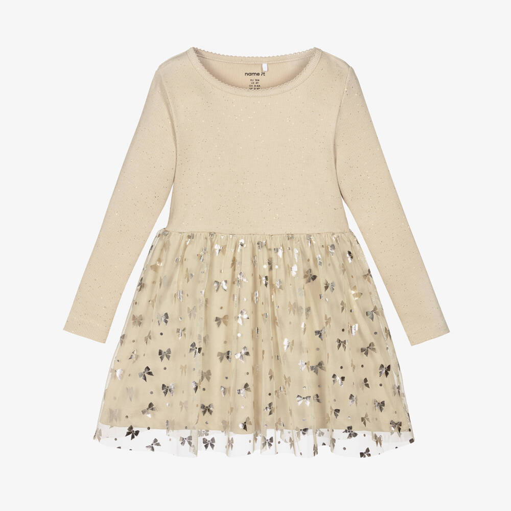 NAME IT-Beige Rib And Tulle Dress | Childrensalon Outlet