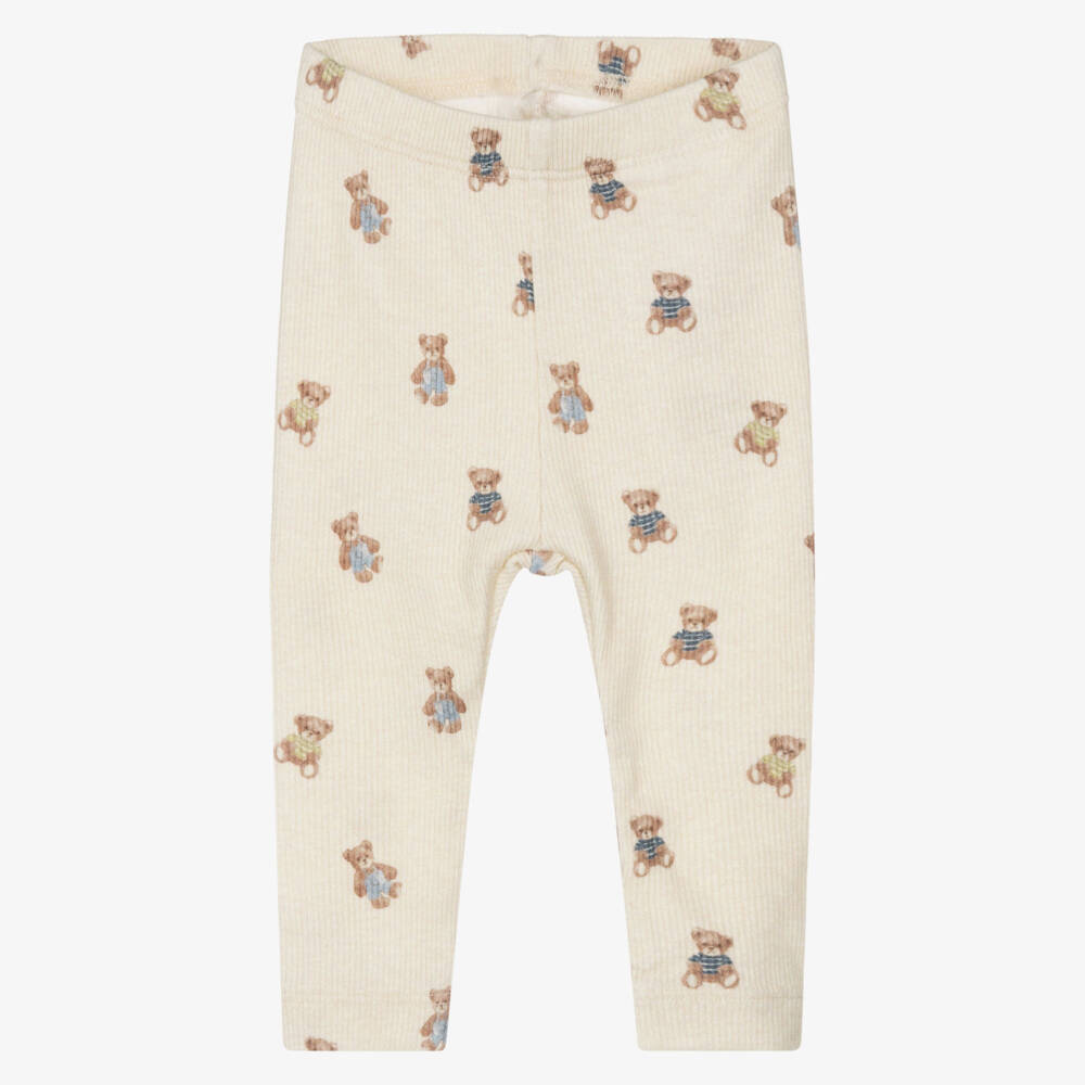 NAME IT-Beige Teddy Bear Print Ribbed Jersey Baby Leggings | Childrensalon Outlet