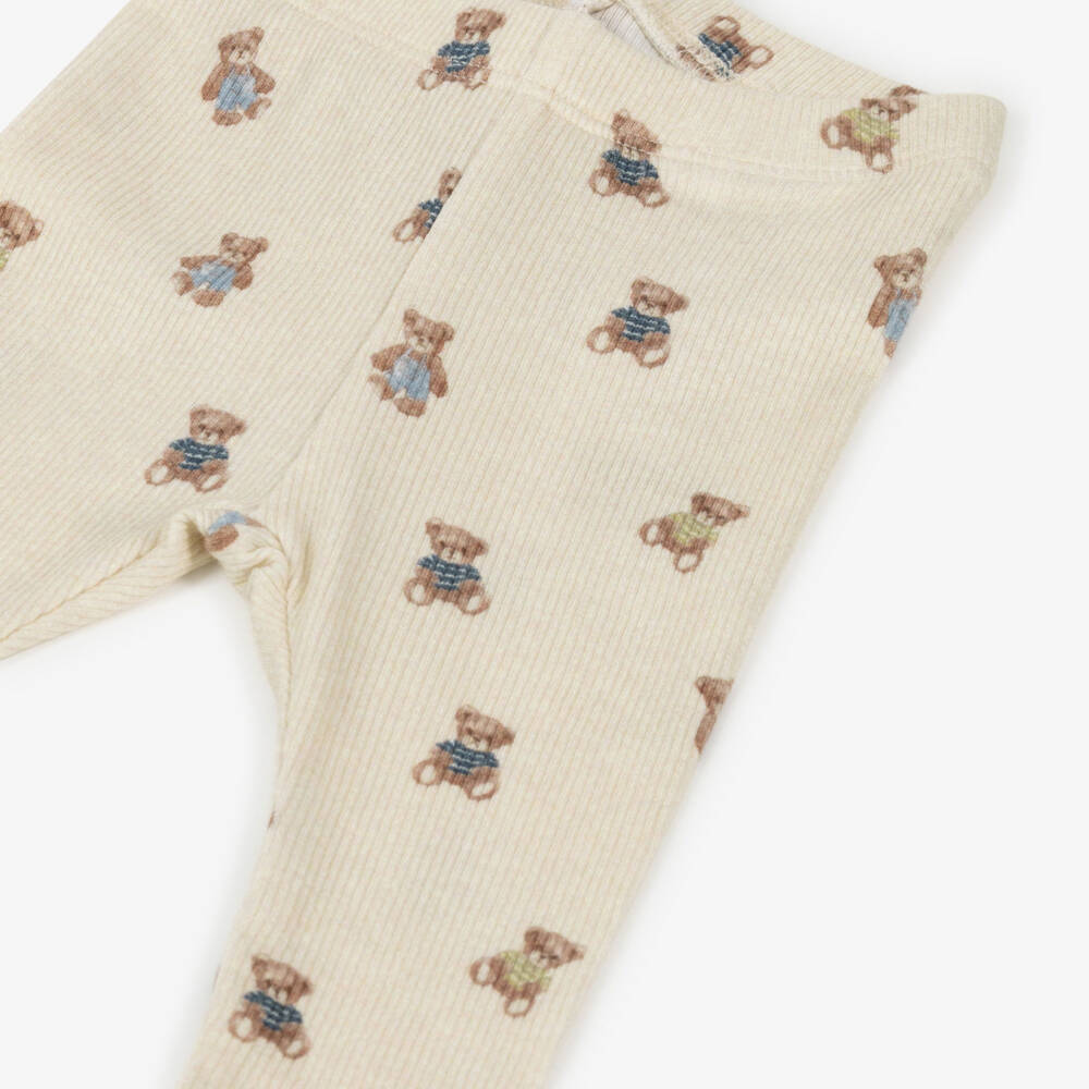 NAME IT-Beige Teddy Bear Print Ribbed Jersey Baby Leggings | Childrensalon Outlet