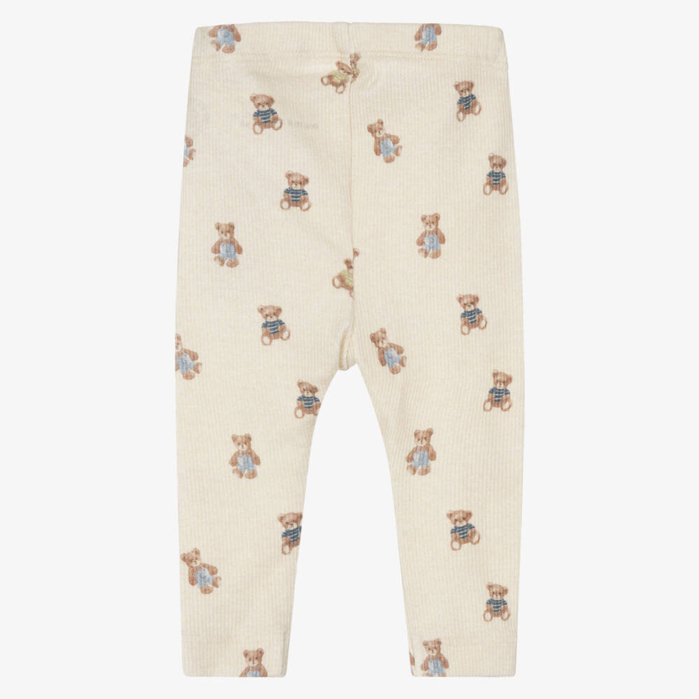 NAME IT-Beige Teddy Bear Print Ribbed Jersey Baby Leggings | Childrensalon Outlet