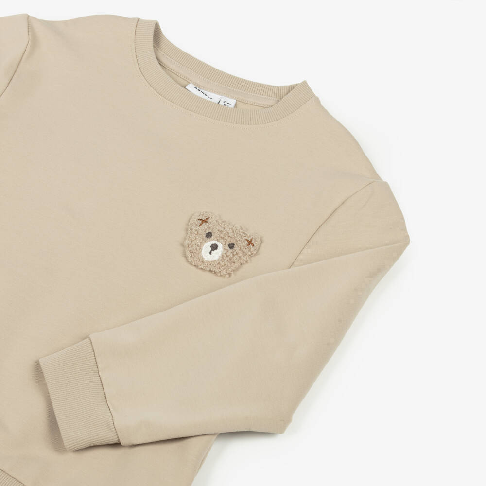 NAME IT-Boys Beige Cotton Jersey Teddy Bear Motif Sweatshirt | Childrensalon Outlet