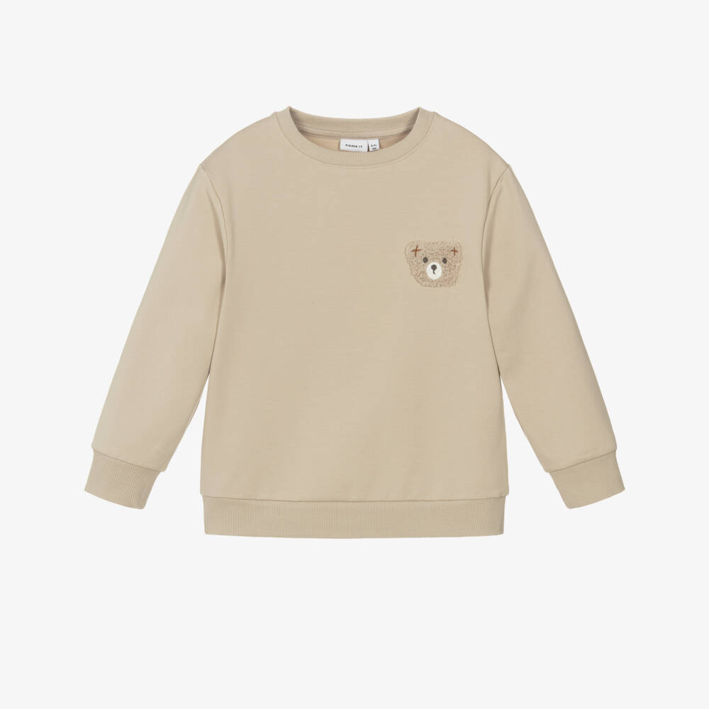NAME IT-Boys Beige Cotton Jersey Teddy Bear Motif Sweatshirt | Childrensalon Outlet