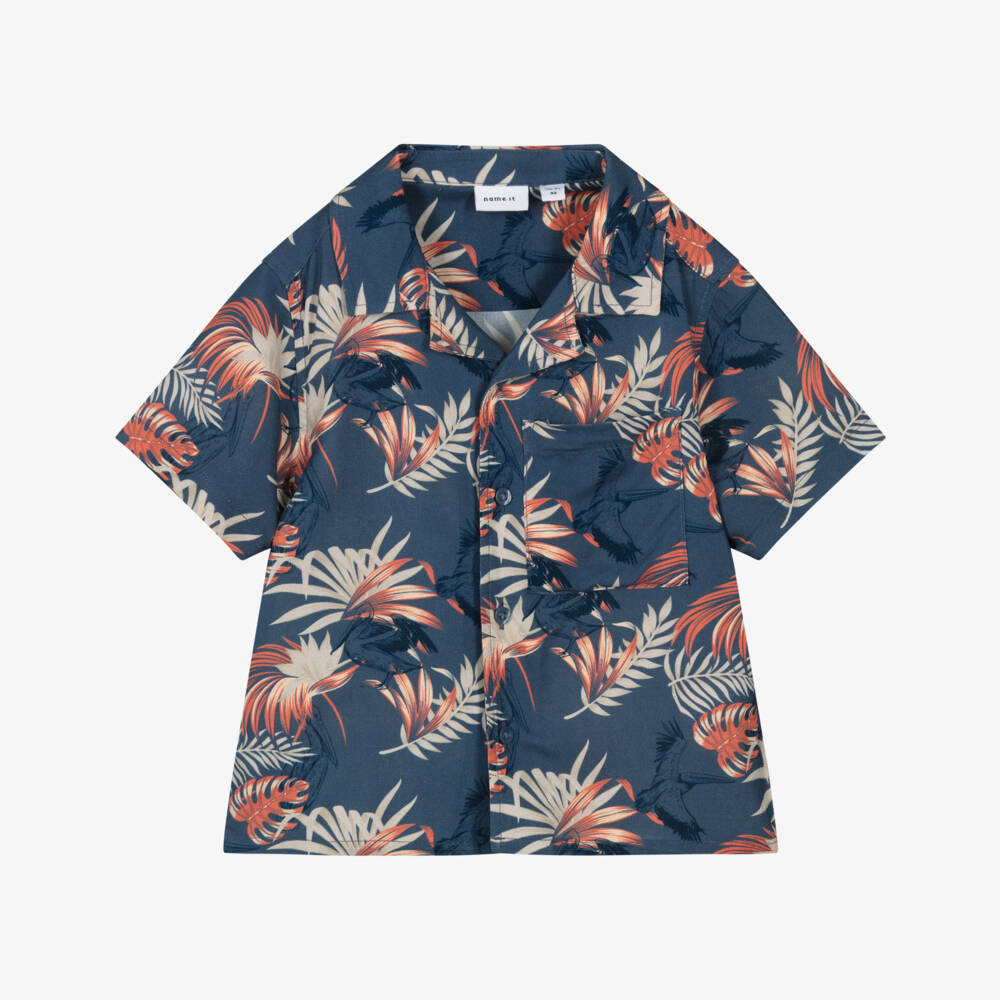 NAME IT-Boys Blue Botanical & Pelican Print Shirt | Childrensalon Outlet