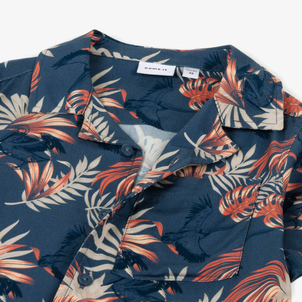NAME IT-Boys Blue Botanical & Pelican Print Shirt | Childrensalon Outlet