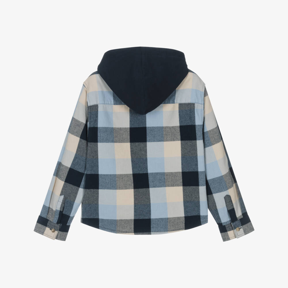 NAME IT-Boys Blue Check Organic Cotton Hooded Shirt | Childrensalon Outlet