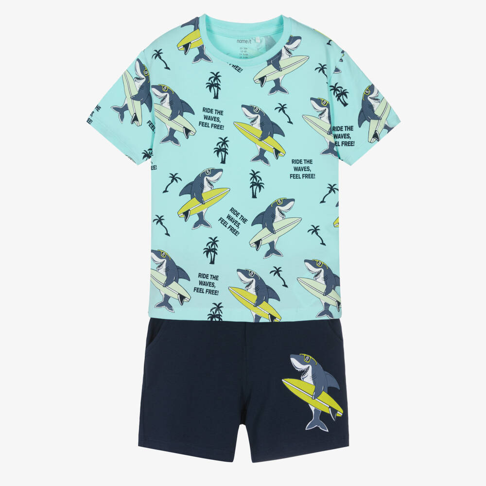 NAME IT-Boys Blue Cotton Shorts Set with Surfing Shark Print | Childrensalon Outlet