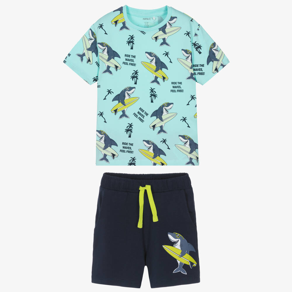 NAME IT-Boys Blue Cotton Shorts Set with Surfing Shark Print | Childrensalon Outlet