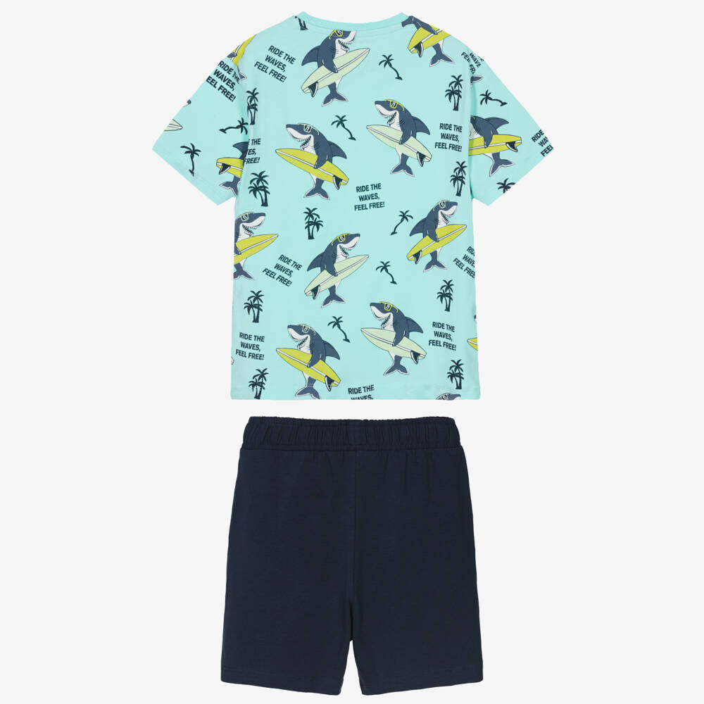 NAME IT-Boys Blue Cotton Shorts Set with Surfing Shark Print | Childrensalon Outlet