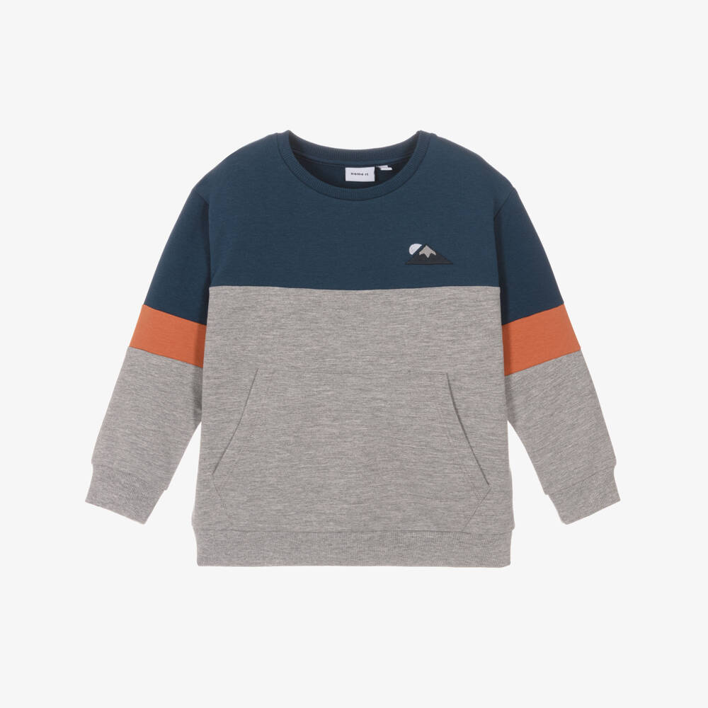 NAME IT-Boys Blue & Grey Marl Colourblock Cotton Sweatshirt | Childrensalon Outlet