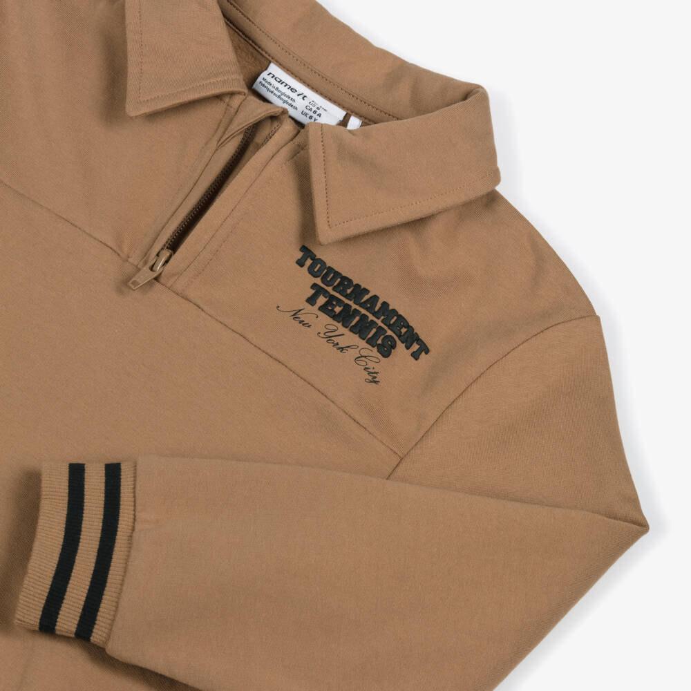 NAME IT-Boys Brown Organic Cotton Quarter Zip Sweatshirt | Childrensalon Outlet