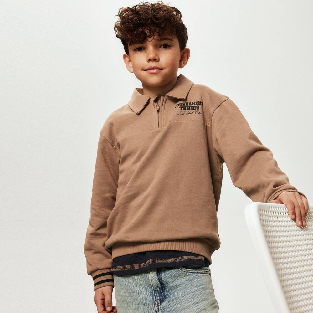 NAME IT-Boys Brown Organic Cotton Quarter Zip Sweatshirt | Childrensalon Outlet