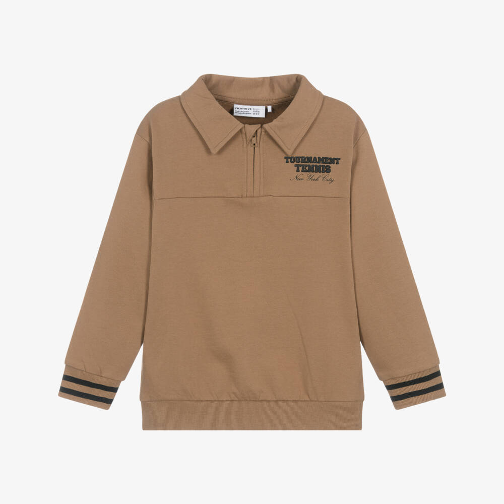 NAME IT-Boys Brown Organic Cotton Quarter Zip Sweatshirt | Childrensalon Outlet