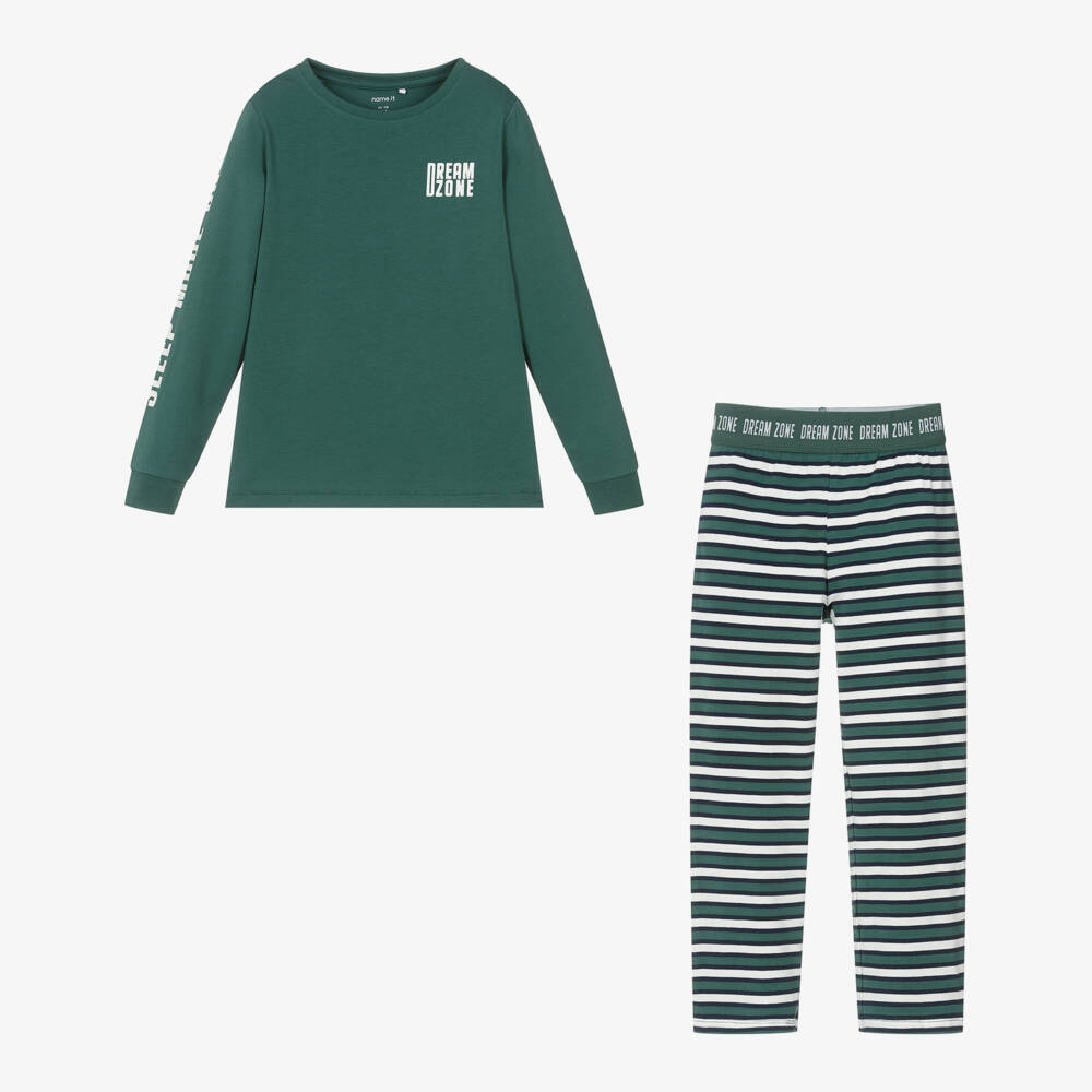 NAME IT-Boys Dark Green Striped Cotton Pyjamas | Childrensalon Outlet
