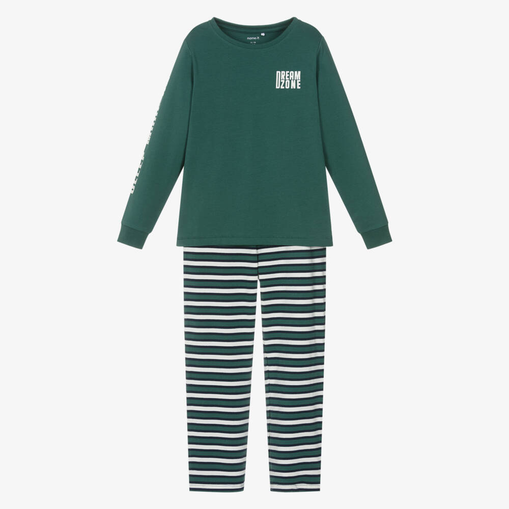 NAME IT-Boys Dark Green Striped Cotton Pyjamas | Childrensalon Outlet