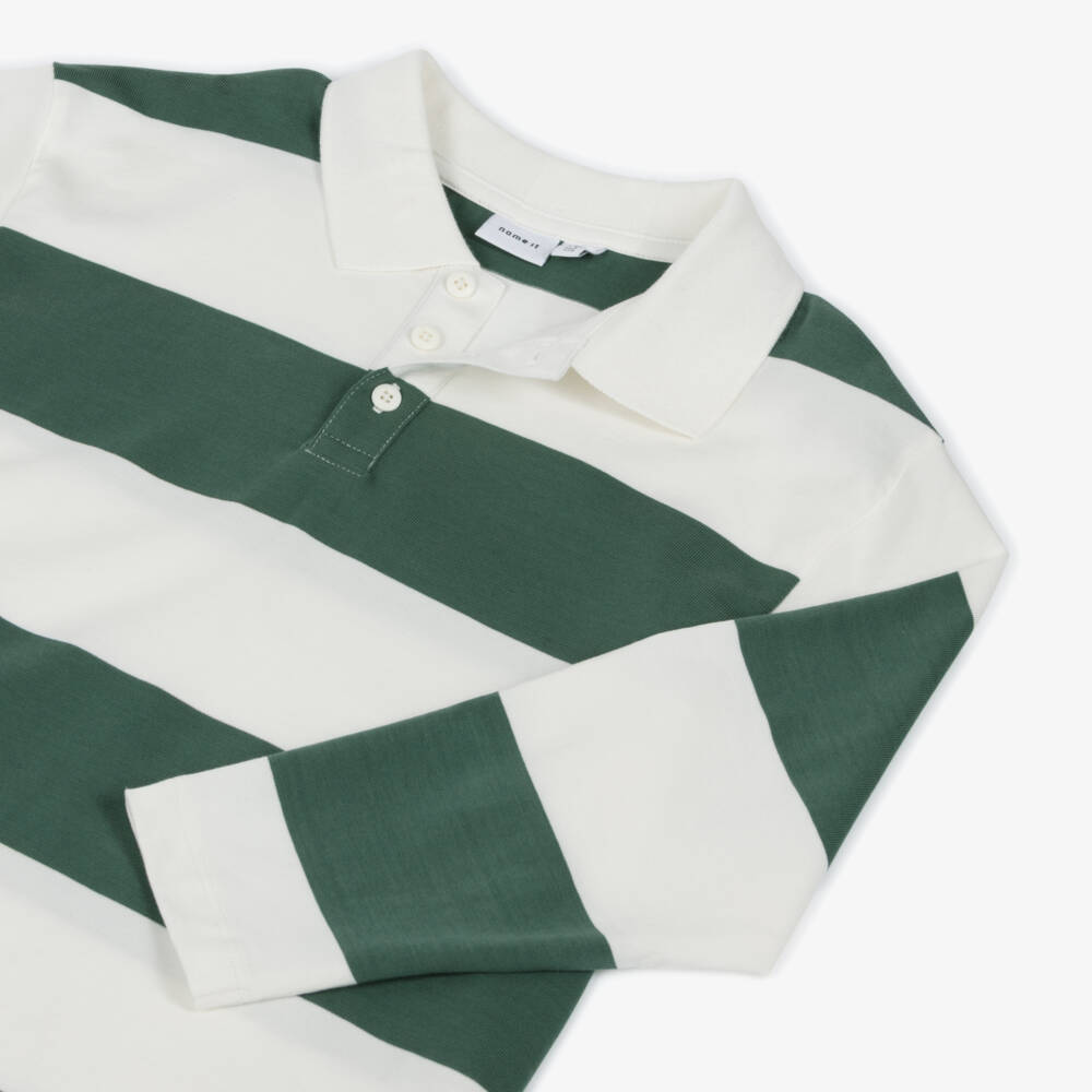 NAME IT-Boys Green & Ivory Striped Cotton Rugby Shirt | Childrensalon Outlet