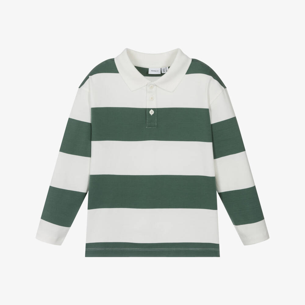 NAME IT-Boys Green & Ivory Striped Cotton Rugby Shirt | Childrensalon Outlet