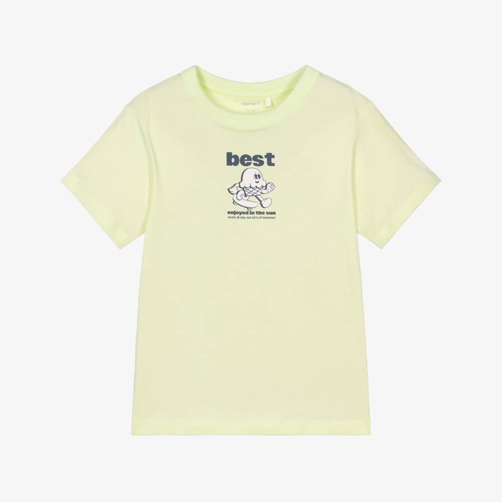 NAME IT-Boys Green Organic Cotton T-Shirt with Skateboarding Ice Cream Print | Childrensalon Outlet