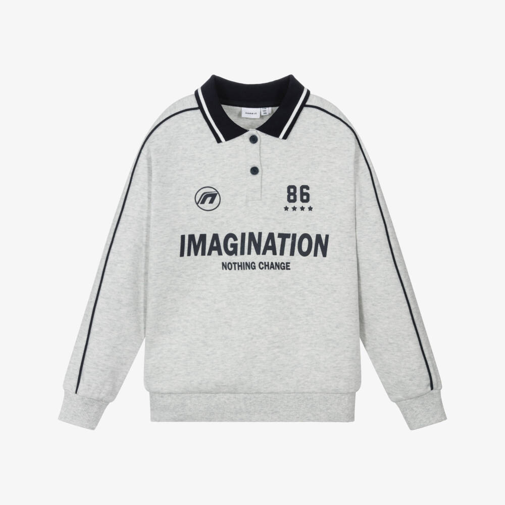 NAME IT-Серый свитшот с воротником и логотипом для мальчиков | Childrensalon Outlet