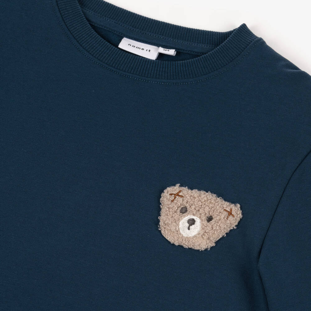 NAME IT-Boys Navy Blue Cotton Sweatshirt with Teddy Patch | Childrensalon Outlet