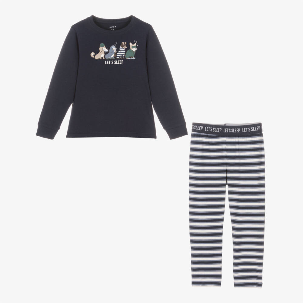 NAME IT-Boys Navy Blue Stripe Cotton Jersey Pyjamas with Dog Print | Childrensalon Outlet