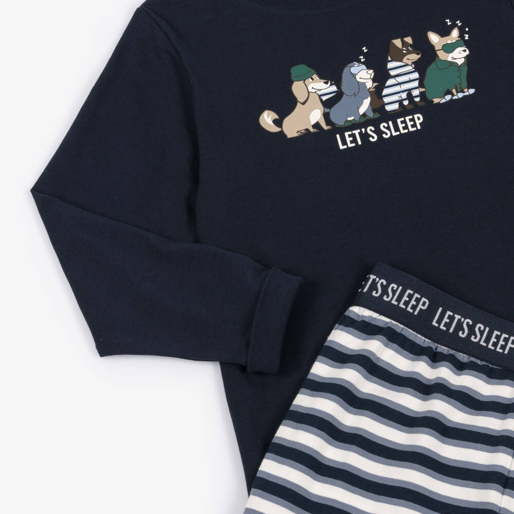 NAME IT-Boys Navy Blue Stripe Cotton Jersey Pyjamas with Dog Print | Childrensalon Outlet