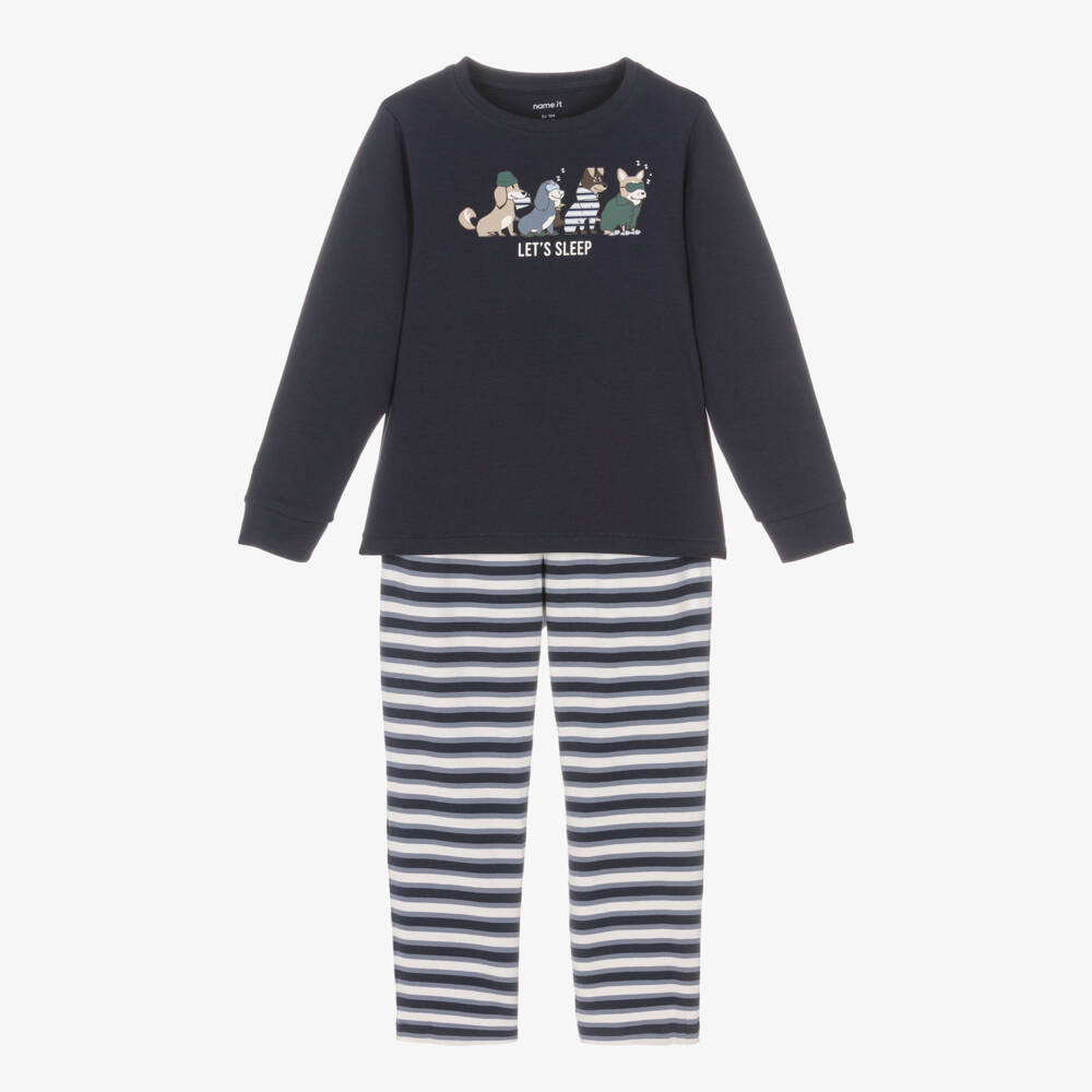NAME IT-Boys Navy Blue Stripe Cotton Jersey Pyjamas with Dog Print | Childrensalon Outlet