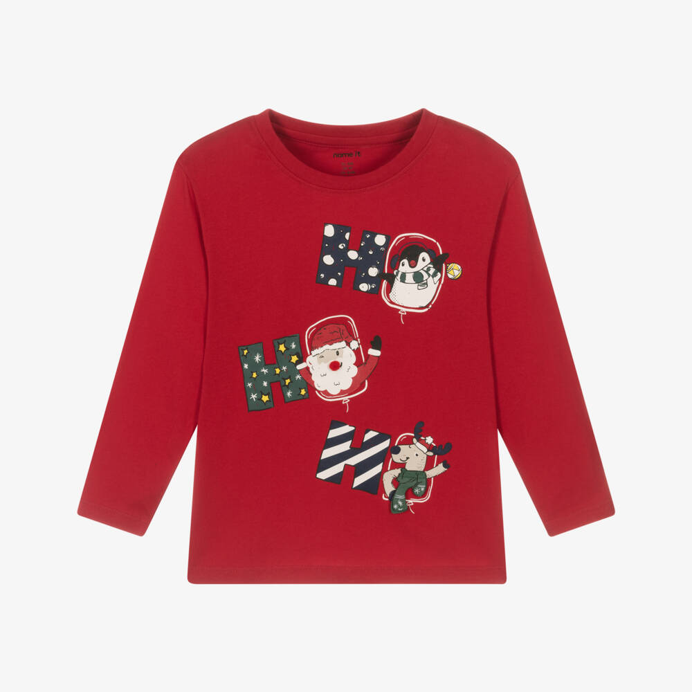 NAME IT-Boys Red Cotton Festive Long Sleeved Top | Childrensalon Outlet