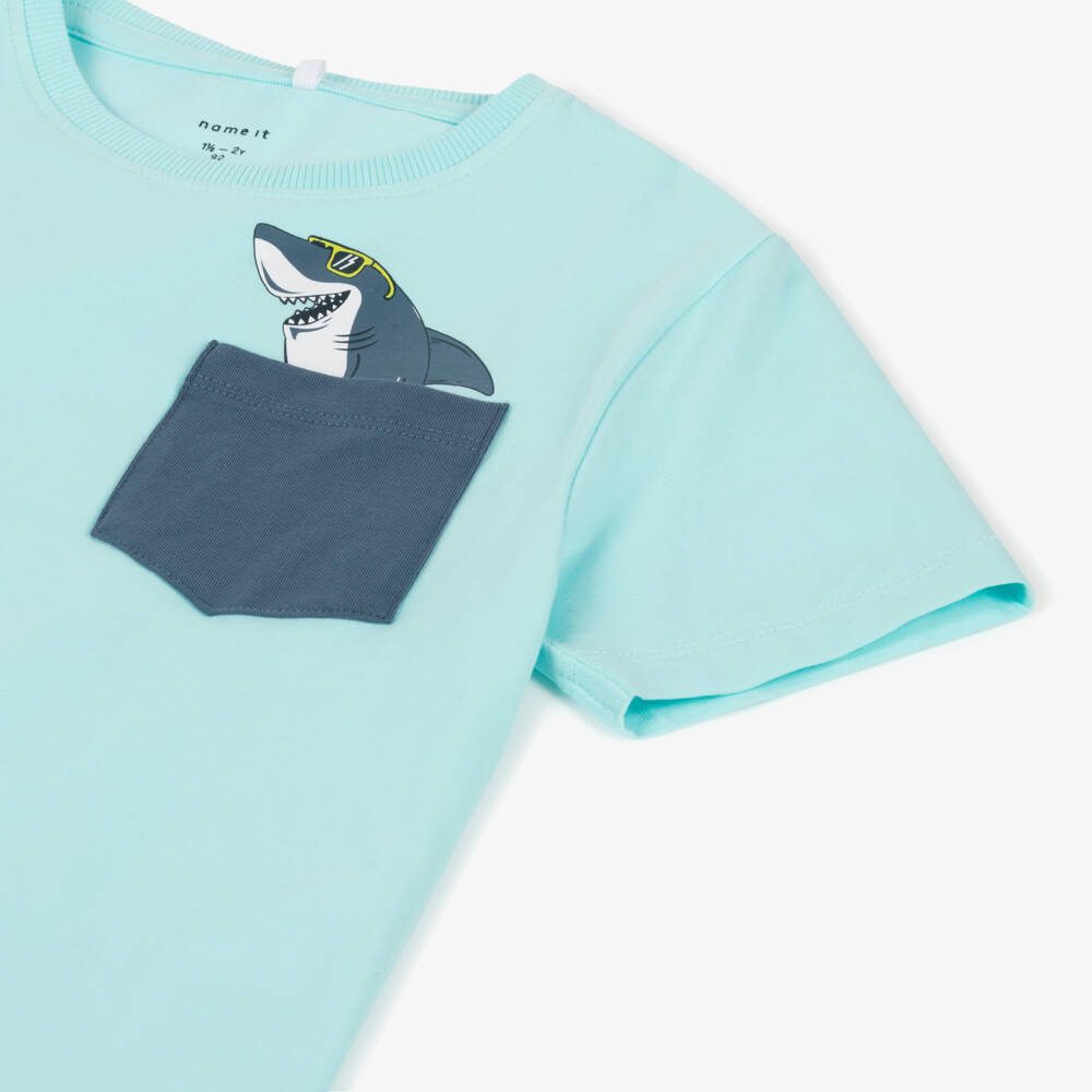 NAME IT-Boys Turquoise Blue Cotton Shark Pocket T-Shirt | Childrensalon Outlet
