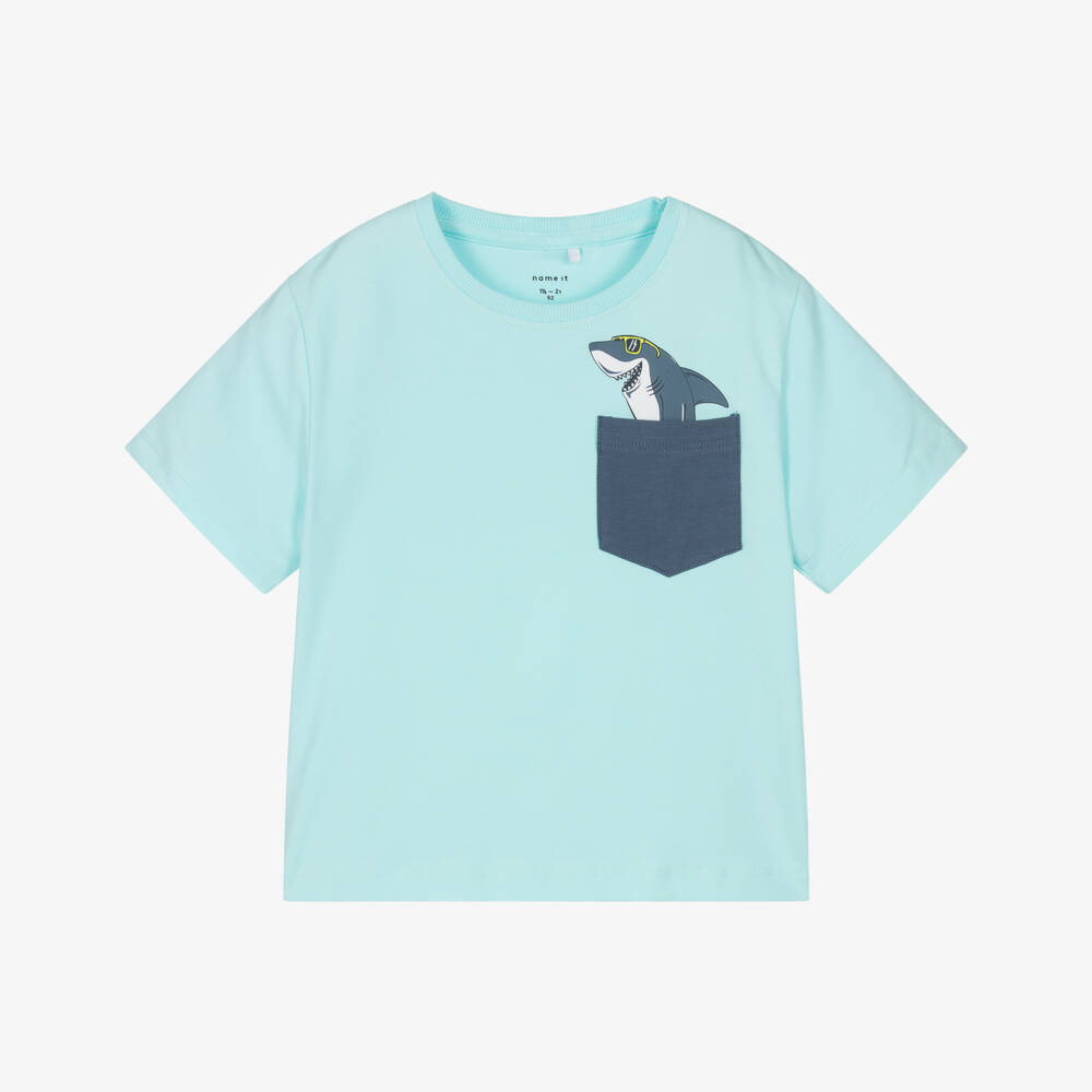 NAME IT-Boys Turquoise Blue Cotton Shark Pocket T-Shirt | Childrensalon Outlet