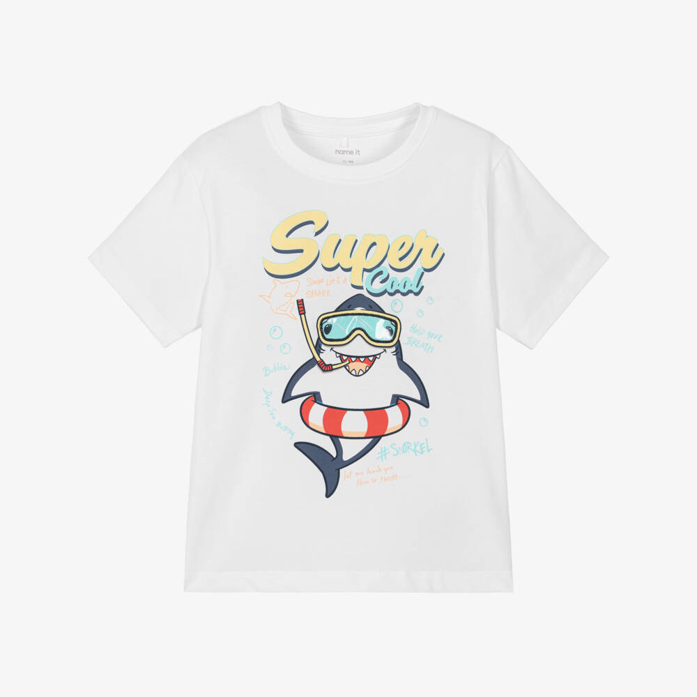 NAME IT-Boys White Cotton T-Shirt with Shark Graphic | Childrensalon Outlet
