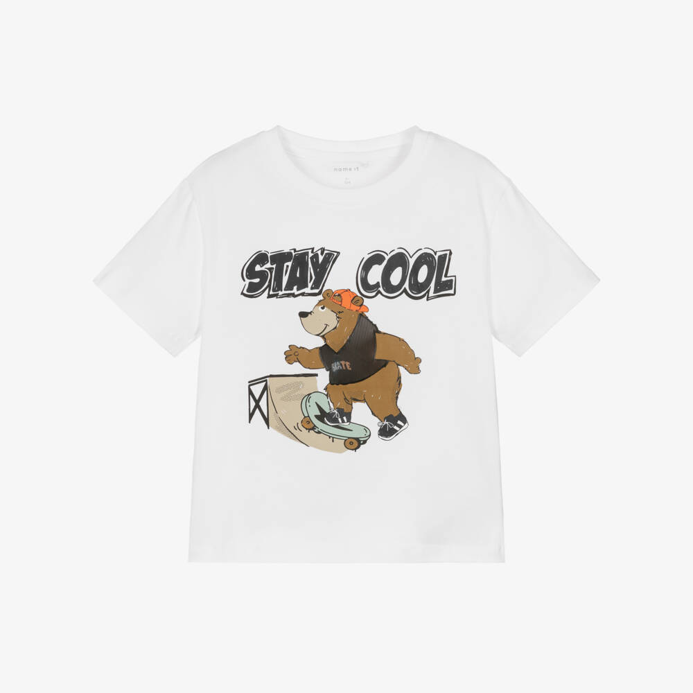 NAME IT-Boys White Organic Cotton Skateboarding Bear T-Shirt | Childrensalon Outlet
