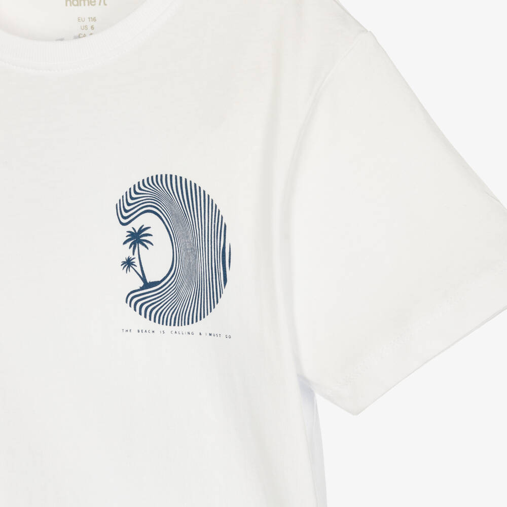NAME IT-Boys White Organic Cotton T-Shirt with Beach Print | Childrensalon Outlet