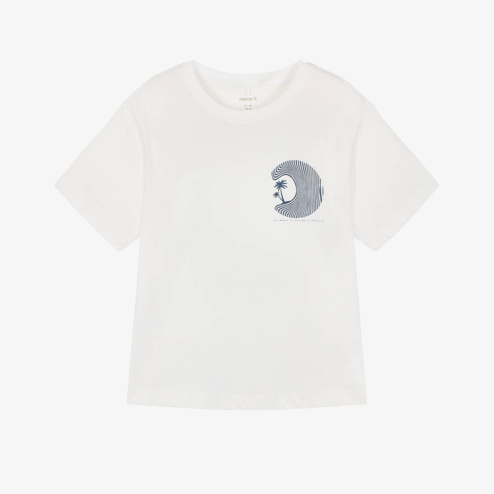 NAME IT-Boys White Organic Cotton T-Shirt with Beach Print | Childrensalon Outlet