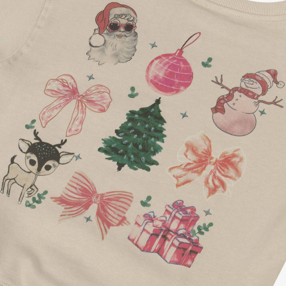 NAME IT-Girls Beige Cotton Festive Print Sweatshirt | Childrensalon Outlet