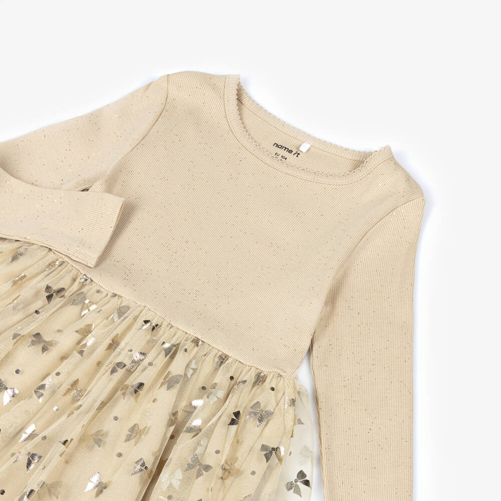 NAME IT-Girls Beige Cotton Jersey & Tulle Bow Print Dress | Childrensalon Outlet