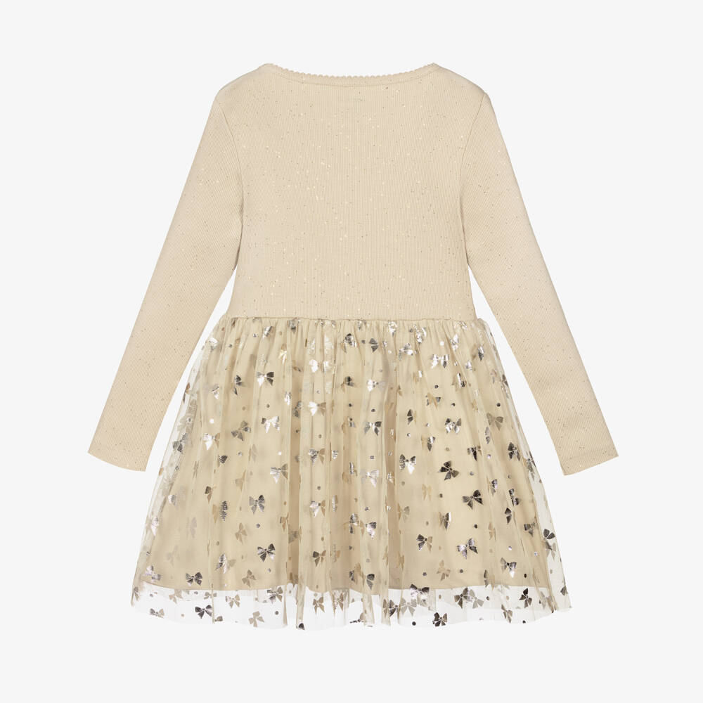 NAME IT-Girls Beige Cotton Jersey & Tulle Bow Print Dress | Childrensalon Outlet