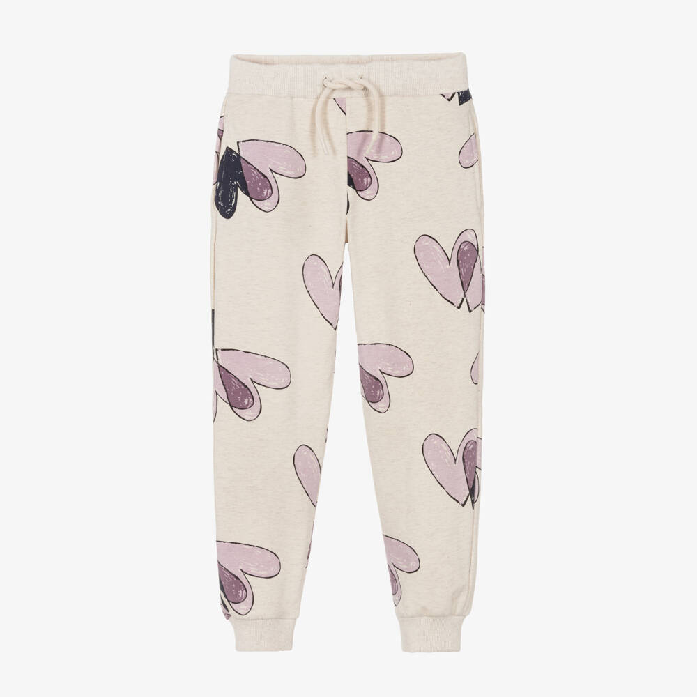 NAME IT-Girls Beige Cotton Joggers with Purple Hearts | Childrensalon Outlet
