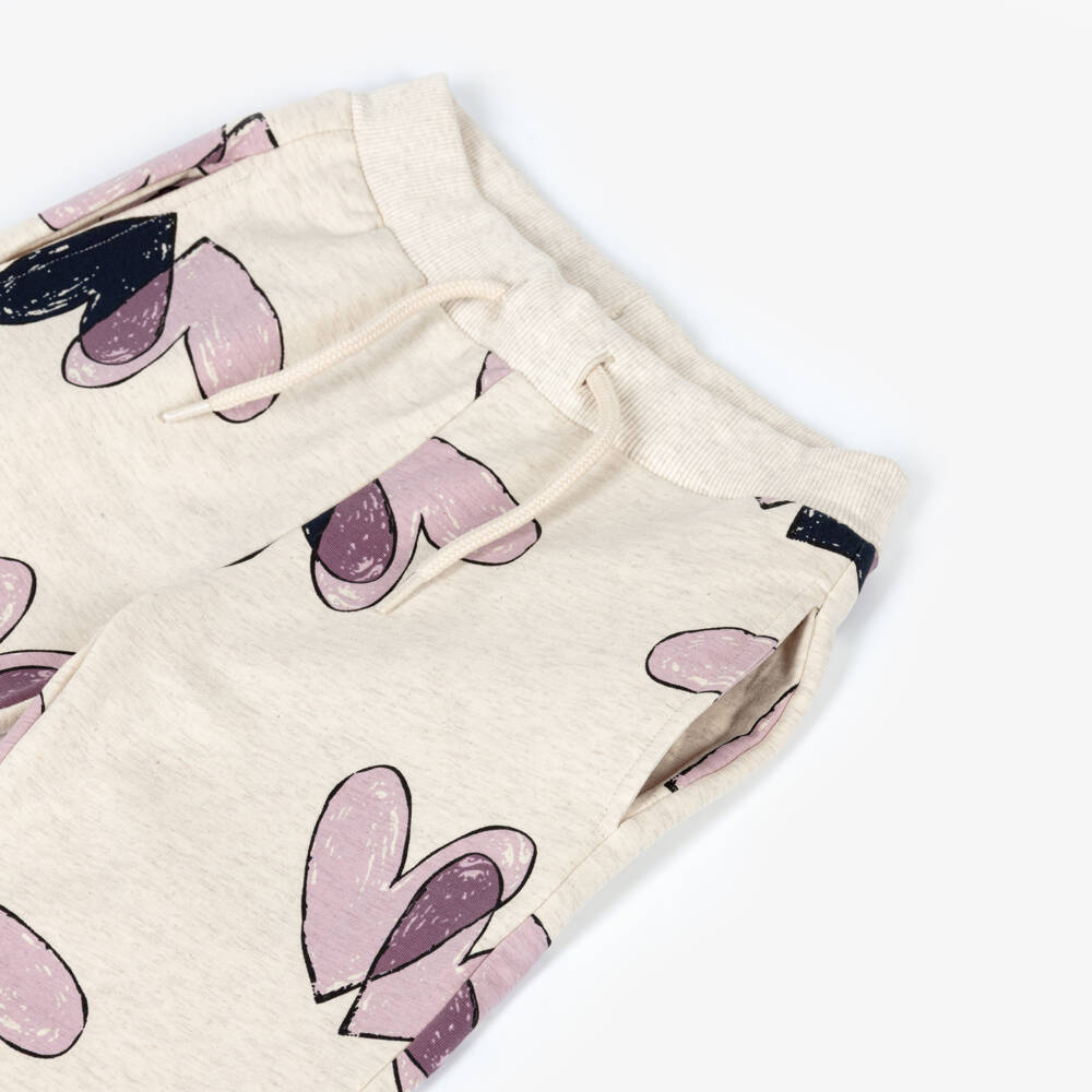 NAME IT-Girls Beige Cotton Joggers with Purple Hearts | Childrensalon Outlet