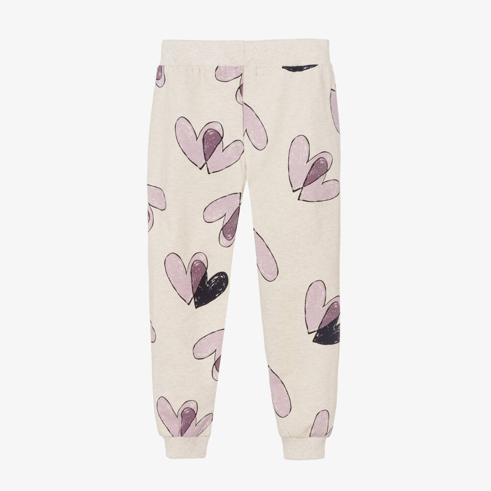 NAME IT-Girls Beige Cotton Joggers with Purple Hearts | Childrensalon Outlet