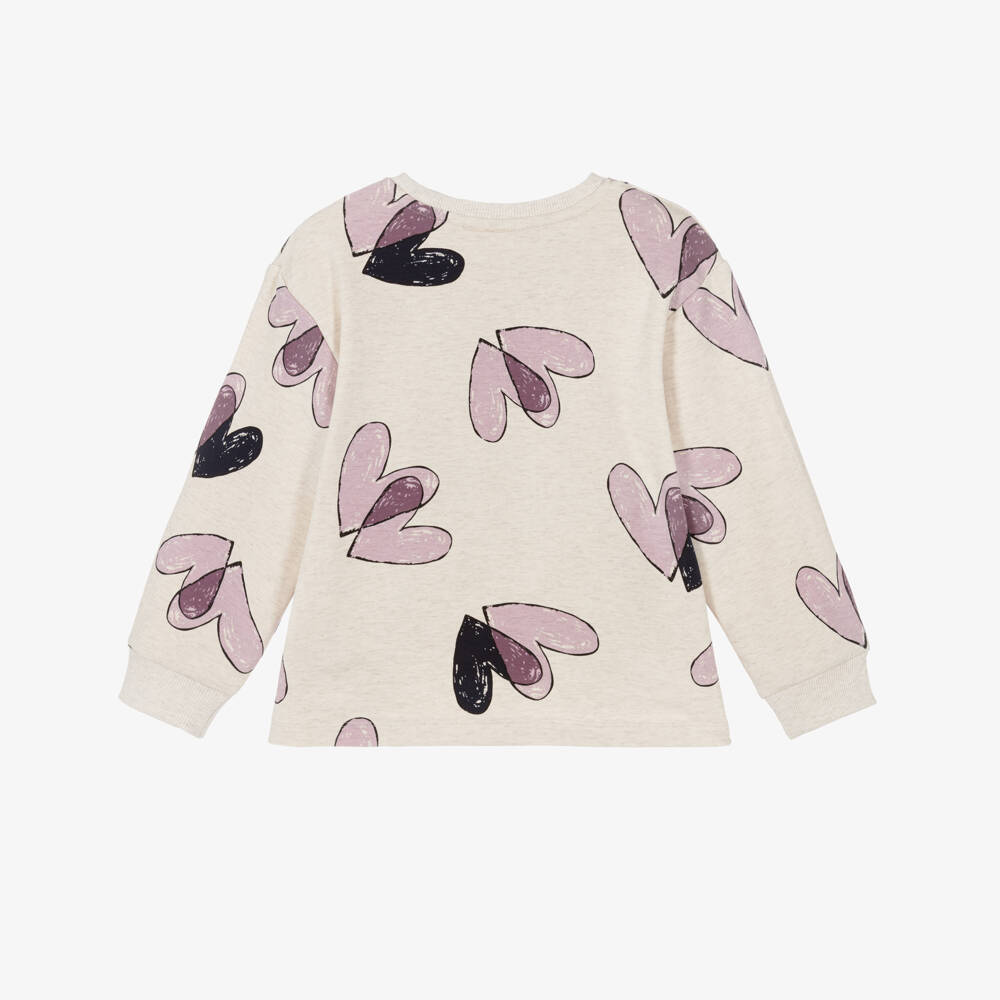 NAME IT-Girls Beige Cotton Sweatshirt with Purple Hearts | Childrensalon Outlet