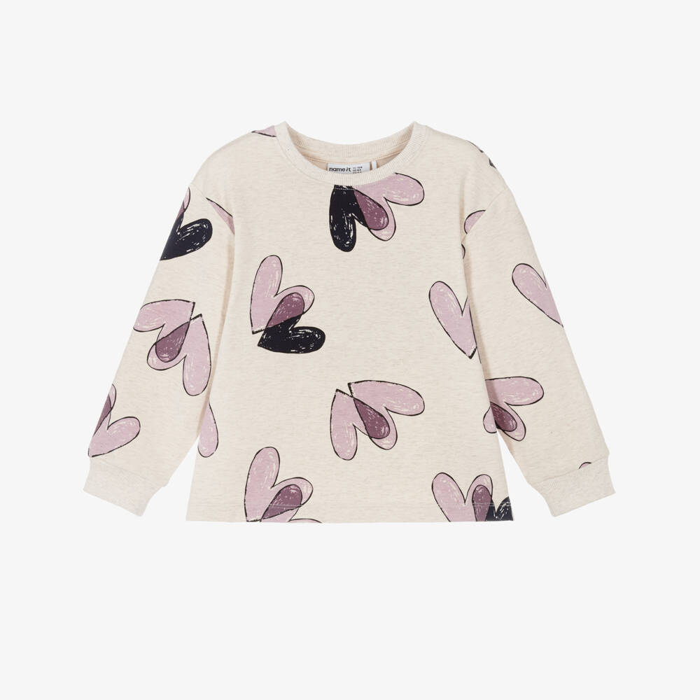 NAME IT-Girls Beige Cotton Sweatshirt with Purple Hearts | Childrensalon Outlet