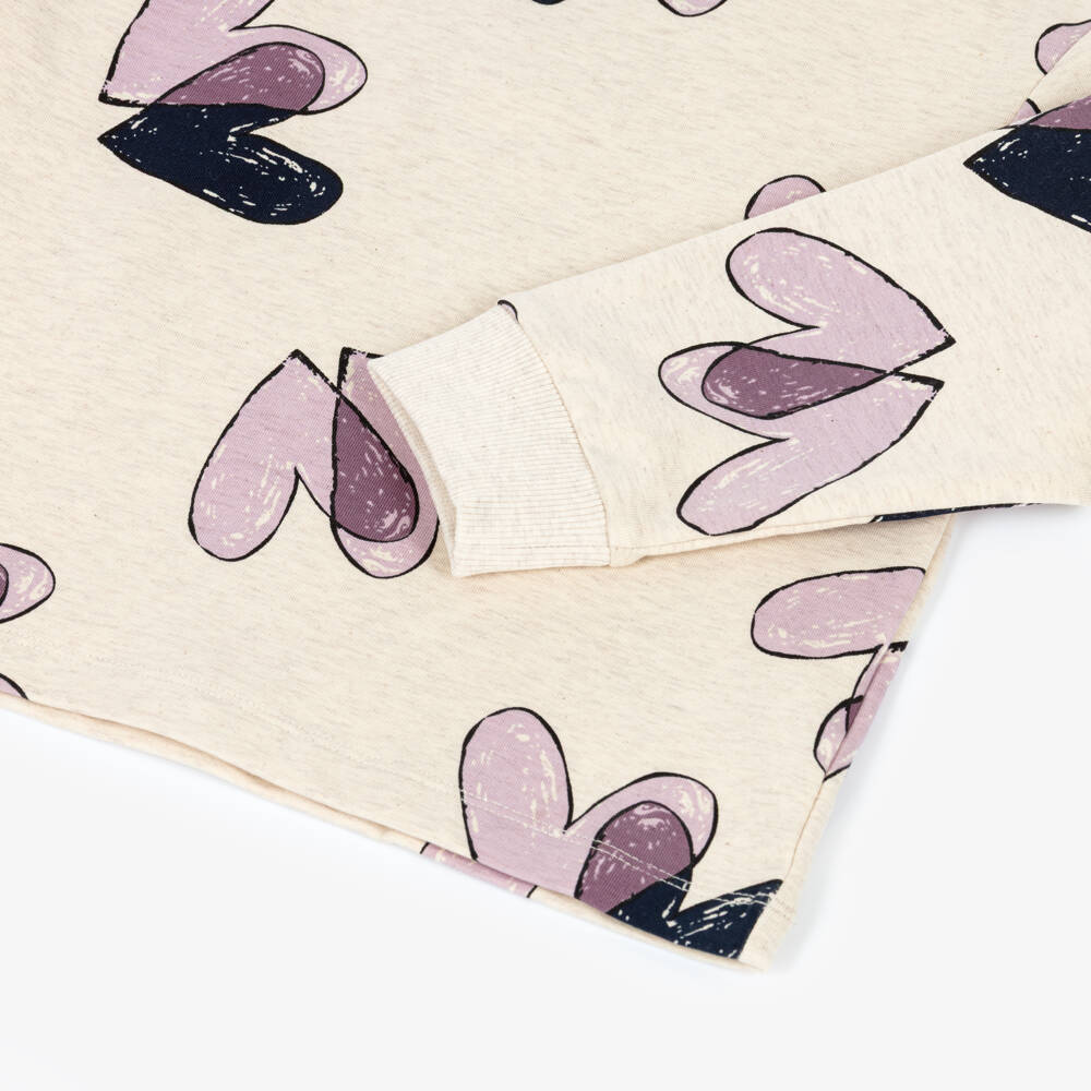 NAME IT-Girls Beige Cotton Sweatshirt with Purple Hearts | Childrensalon Outlet