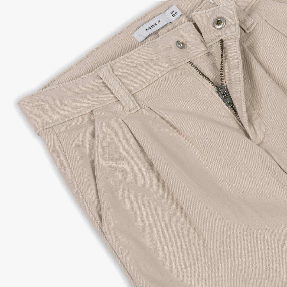 NAME IT-Girls Beige Cotton Wide-Leg Trousers | Childrensalon Outlet
