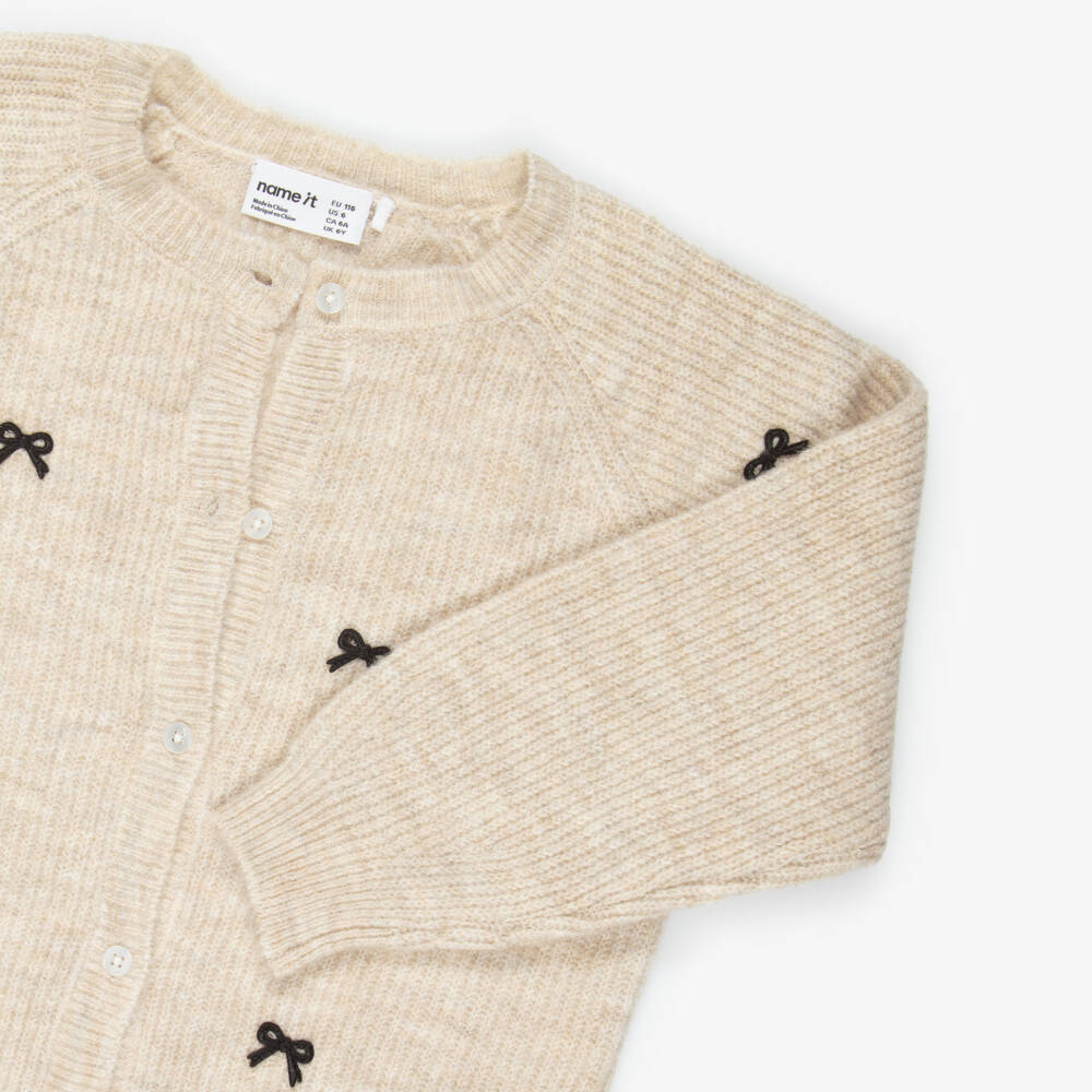 NAME IT-Girls Beige Knitted Cardigan with Black Bows | Childrensalon Outlet