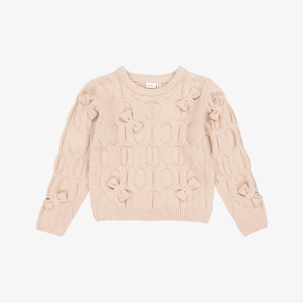 NAME IT-Girls Beige Knitted Sweater with Bows | Childrensalon Outlet