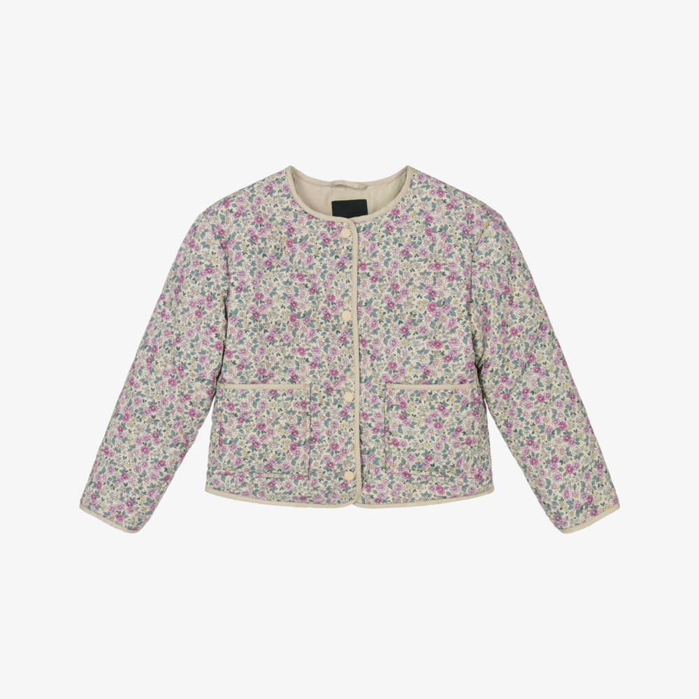 NAME IT-Girls Beige & Pink Floral Print Quilted Jacket | Childrensalon Outlet