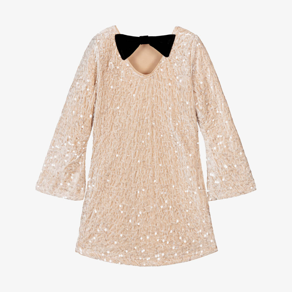 NAME IT-Girls Beige Sequinned Velour Dress with Black Bow | Childrensalon Outlet